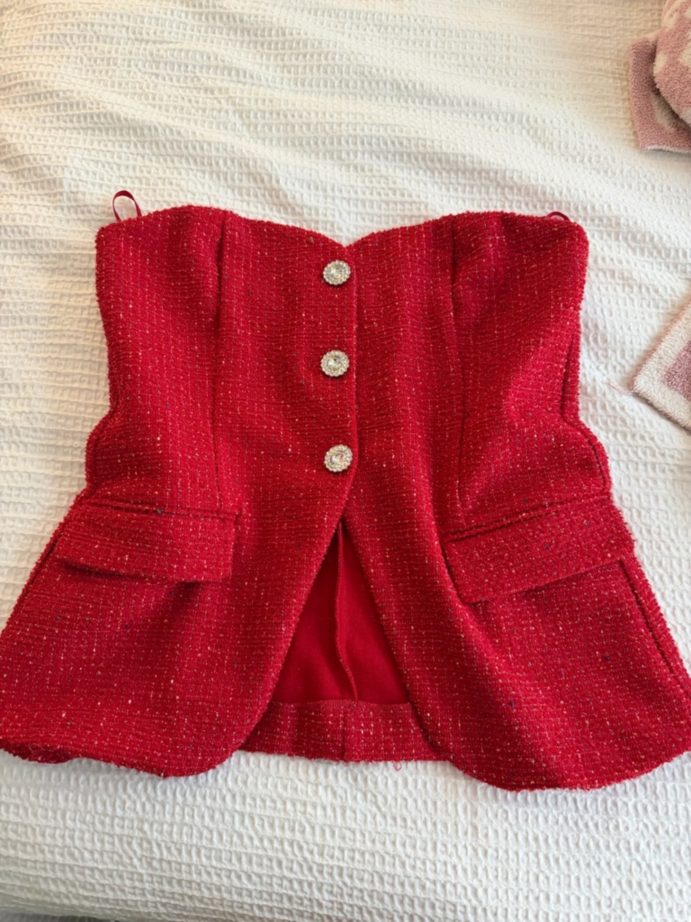 Maeve Red Tweed Strapless Bustier Top